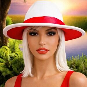 Womens White Felt Fedora Hat Red Ribbon Band Jeweled Brooch Wide Brim Sun Hat
